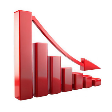 Red decrease chart symbolizing economic decline on black background with transparent background