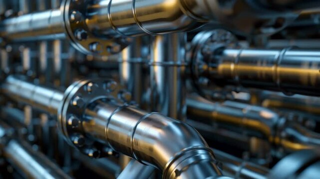 Close-up of shiny metal pipes with flanges in an industrial setting. The pipes are interconnected, showcasing a complex network of plumbing or machinery.