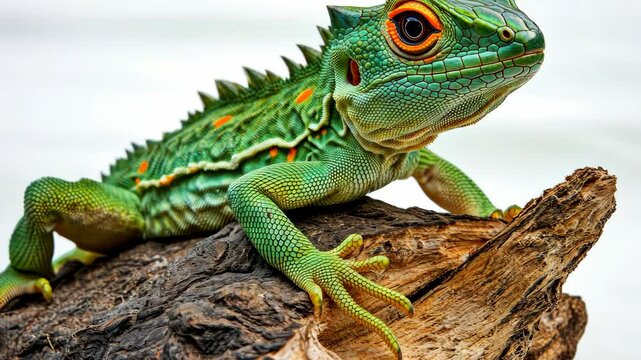 Vivid lizard with red and green patterns resting on wood stump.