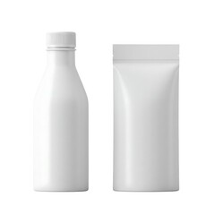 Bottle and pouch packaging mockup isolated on white background