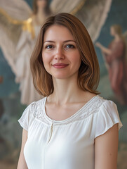 Kobieta na tle anielskich skrzydeł. Portret z aniołem w tle.