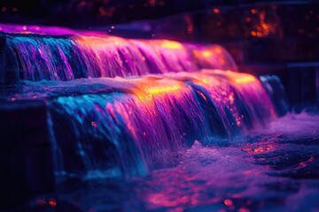 Abstract waterfall illuminated with vibrant neon colors creating a magical and captivating ambiance.