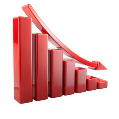 Red glossy financial bar chart with downward arrow indicating economic decline on a transparent background