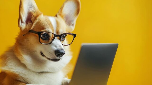 The dog looks pleased as it uses a laptop.