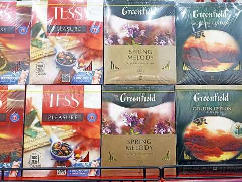 Selection of tess and greenfield black tea boxes on display