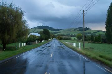 Fototapeta premium Wet asphalt road, stormy sky, distant hills, overcast