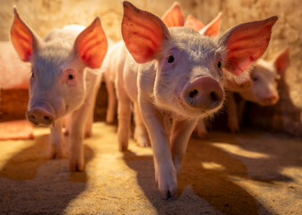 Curious piglets standing in cozy barn and looking at camera © Budimir Jevtic