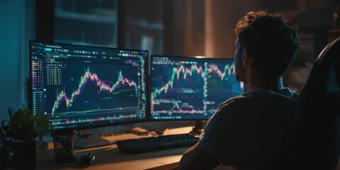 Night Trader Analyzing Stock Market Charts on Dual Monitors