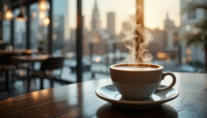 Steaming Coffee Cup in a Modern Cafe Atmosphere