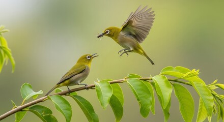 Japanese White-eye Bird Landing Near Mate on Green Branch
