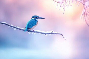 A vibrant blue kingfisher perched on a snow-dusted branch against a soft pink and blue winter backdrop.