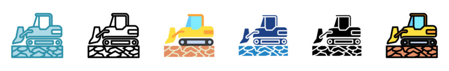 Backhoe Loader multi style, mini illustration icon set. outline, flat, glyph, line color. vector for UI, UX, app, web, digital or print, related to industry, construction, civil engineering.