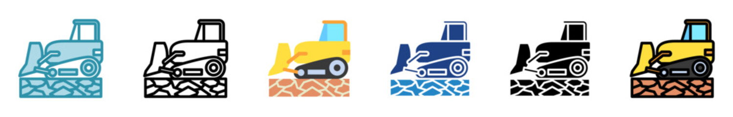 Bulldozer multi style, mini illustration icon set. outline, flat, glyph, line color. vector for UI, UX, app, web, digital or print, related to industry, construction, civil engineering.
