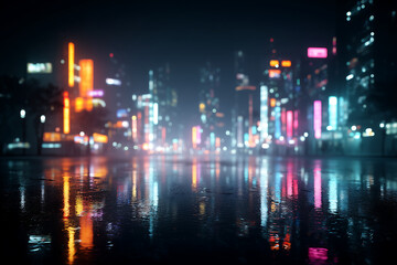 Glowing city skyline with lights reflecting on streets at night