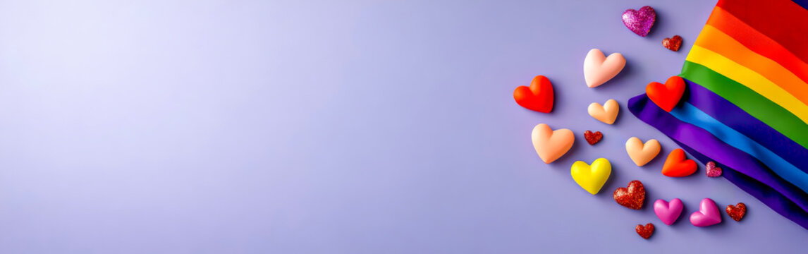 Flat lay of rainbow pride flag and heart decorations on purple background - Powered by Adobe
