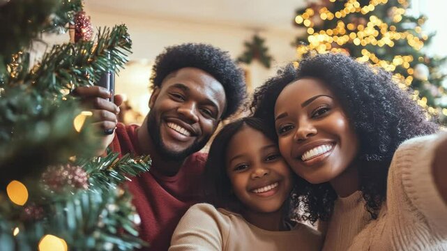 A joyful family scene with a man, woman, and two children posing together for the holiday season, under a beautifully decorated Christmas tree.