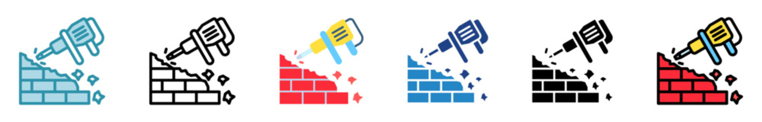 Hammer Drill multi style, mini illustration icon set. outline, flat, glyph, line color. vector for UI, UX, app, web, digital or print, related to industry, construction, civil engineering.