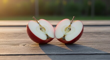 Two Halves of Red Apple on Wooden Table