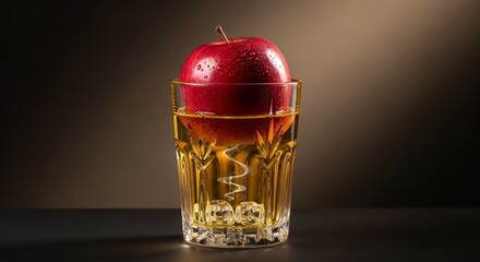 Red Apple on Glass of Juice Dark Background