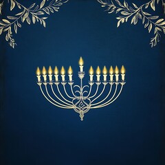 Ornate menorah design on a deep blue background.