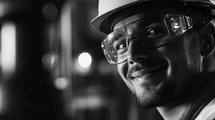 Man wearing safety goggles and hard hat in industrial setting. - Powered by Adobe