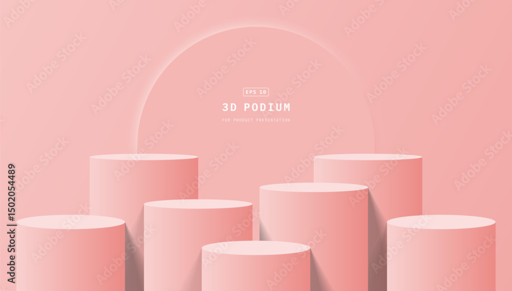 Poster empty room with seven steps pink 3d cylinder podium pedestal or product display stand with round cir