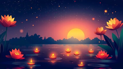 Calm evening by a tranquil lake with lotus flowers and floating lamps.