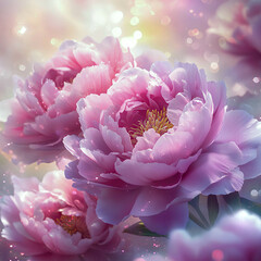 Blossoms of pink peonies in a dreamy garden with shimmering light, highlighting nature's beauty and tranquility during spring