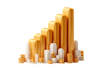 Golden Growth Stacked Coins and Skyscrapers Representing Financial Success and Urban Developme