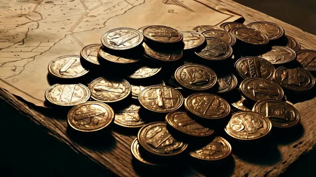 Pile of antique gold coins with textured surface displayed on an aged parchment map and rustic wooden surface in low light setting