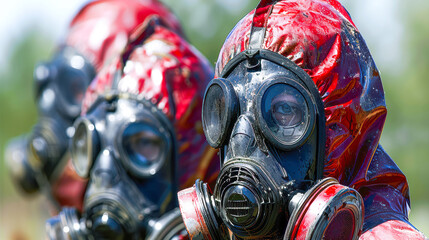 Individuals in protective gear with gas masks during hazardous material response training exercise