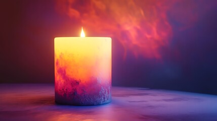 Illuminated candle in a vibrant, colorful setting.