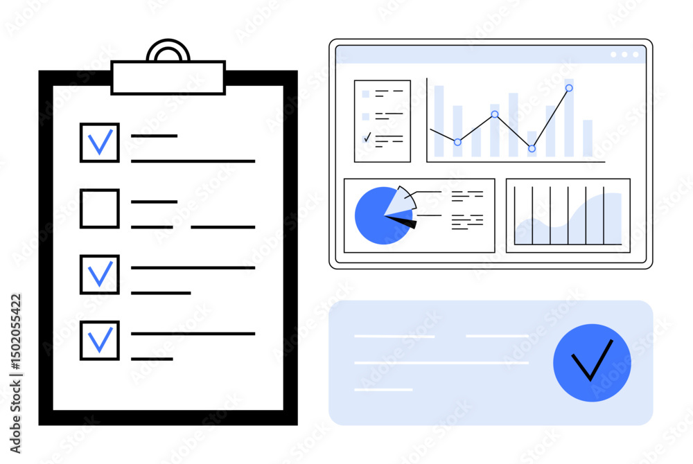 Poster clipboard with checklist, data dashboard with analytics charts, and approval symbol. ideal for data 