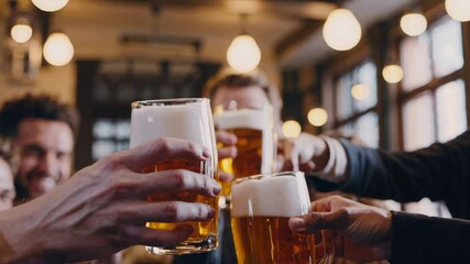 Celebratory toast with beer in a lively pub setting - Powered by Adobe