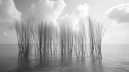 Still water, reeds, clouds