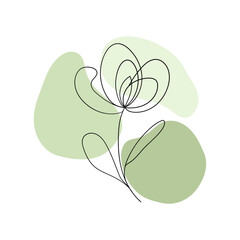 Green Petal Line Flower. A graceful one-line flower illustration over soft green shapes. Great for minimal and modern botanical designs.