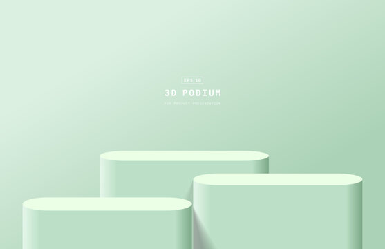Green studio room with realistic 3D round podium or pedestal for product display. Podium scene for product mockup. 3d stage for showcase. Vector geometric platform. Minimal wall scene for mockup.