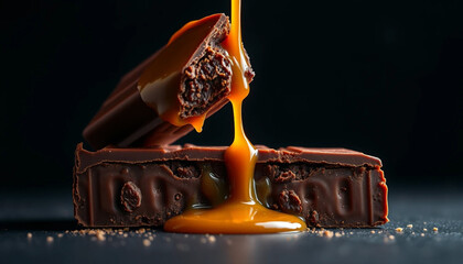 Chocolate bar breaking in half with caramel dripping out, national chocolate day