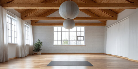 Spacious room with wooden beams, large windows, a yoga mat on the floor, and a potted plant in the corner. Calm and serene interior space