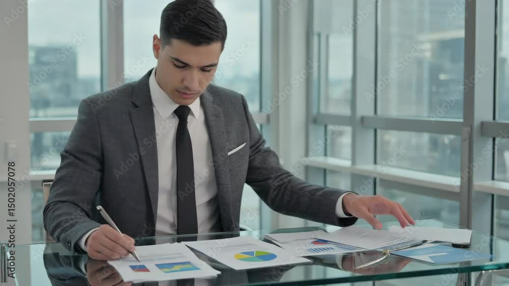 Poster man in business attire working at desk, analyzing data with pen and paper.