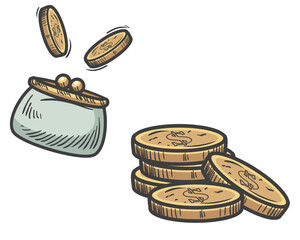 Cartoon Wallet with Falling Coins and Stacks