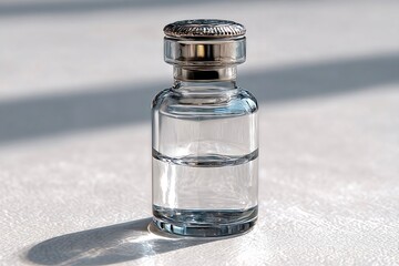 Small glass vial containing clear liquid resting on white surface