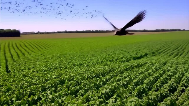 Whimsical scarecrow standing guard over a vibrant green agricultural field on a bright sunny day