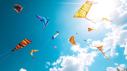 Colorful kites soar through a vibrant blue sky.