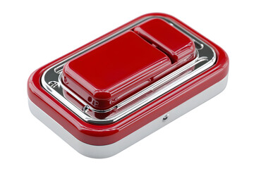 A sleek red and white lunchbox with a shiny metallic finish perfect for food storage and organ