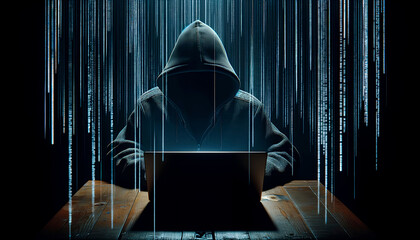 フードを被ったハッカーとサイバー攻撃のイメージ。情報漏洩や不正アクセス、情報セキュリティの重要性を訴える象徴的な素材