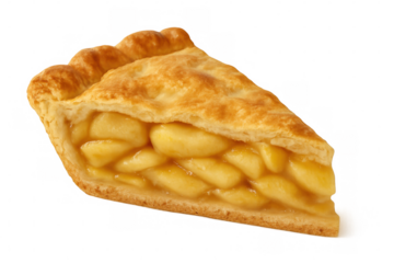 Golden-brown apple pie slice revealing caramelized filling, crust flaking, served on transparent background