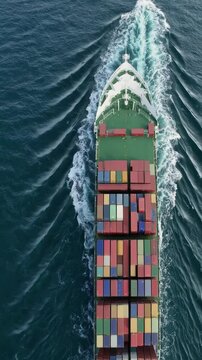Cargo ship navigating open seas aerial view of shipping containers in motion