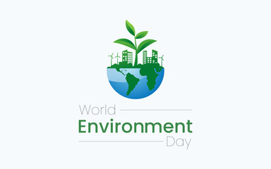 World Environment Day, celebrated every year on June 5th. Poster Design with Green City in The Earth Planet for World