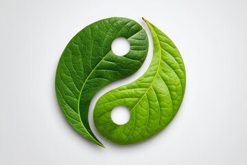 Green yin yang symbol formed by two interlocking leaves on white background